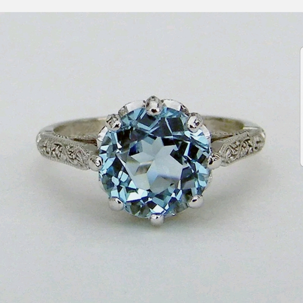 18k WHITE GOLD OVER S925 STAMPED AQUAMARINE RING - Picture 1 of 5